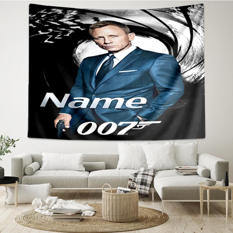Custom Name 007 James Bond Print Tapestry, Backdrop, Easy Setup, Ideal for Bedroom, Office & Living Room, with Aesthetic Wall Hanging Decor.