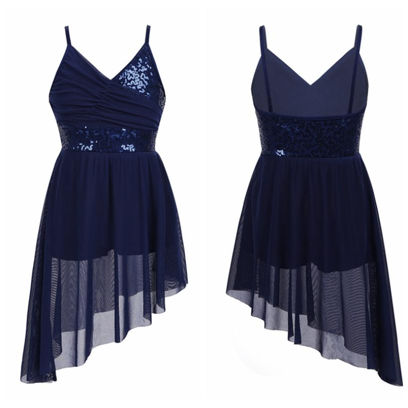 Балетное трико с блестками для девочек, лирическое современное танцевальное платье, нерегулярное платье с высоким и низким вырезом