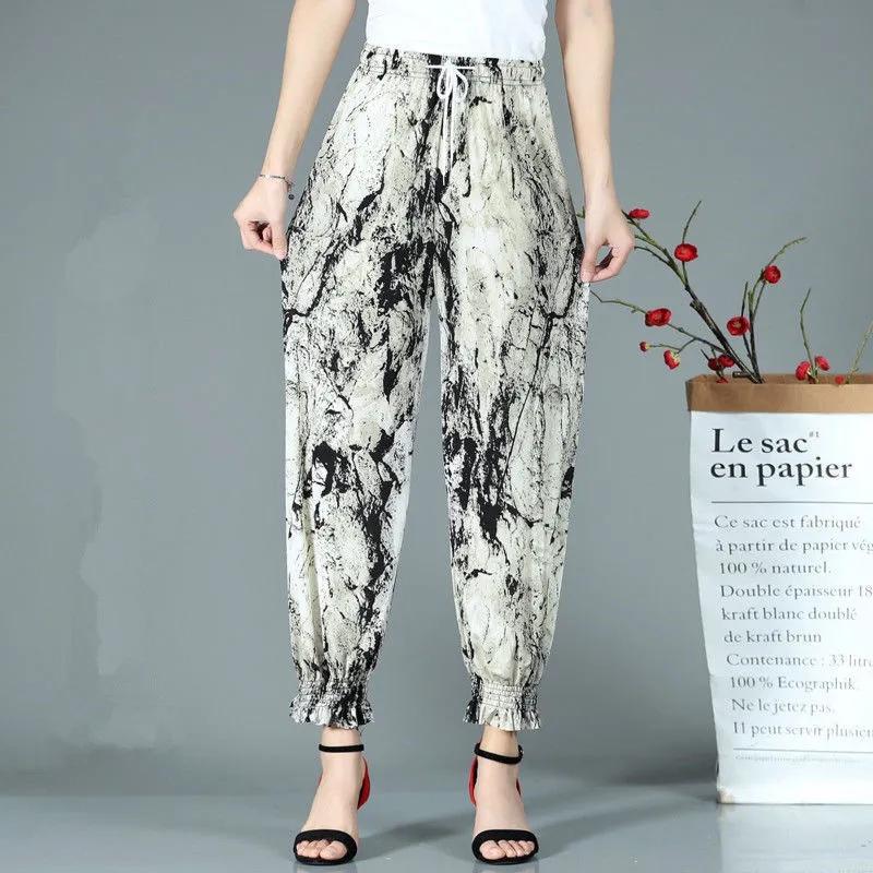 WTEMPO Summer Women Ice Silk Floral Printed Jogger Pants High Elastic Waist Stretchy Leggings Dancing Walking Pants