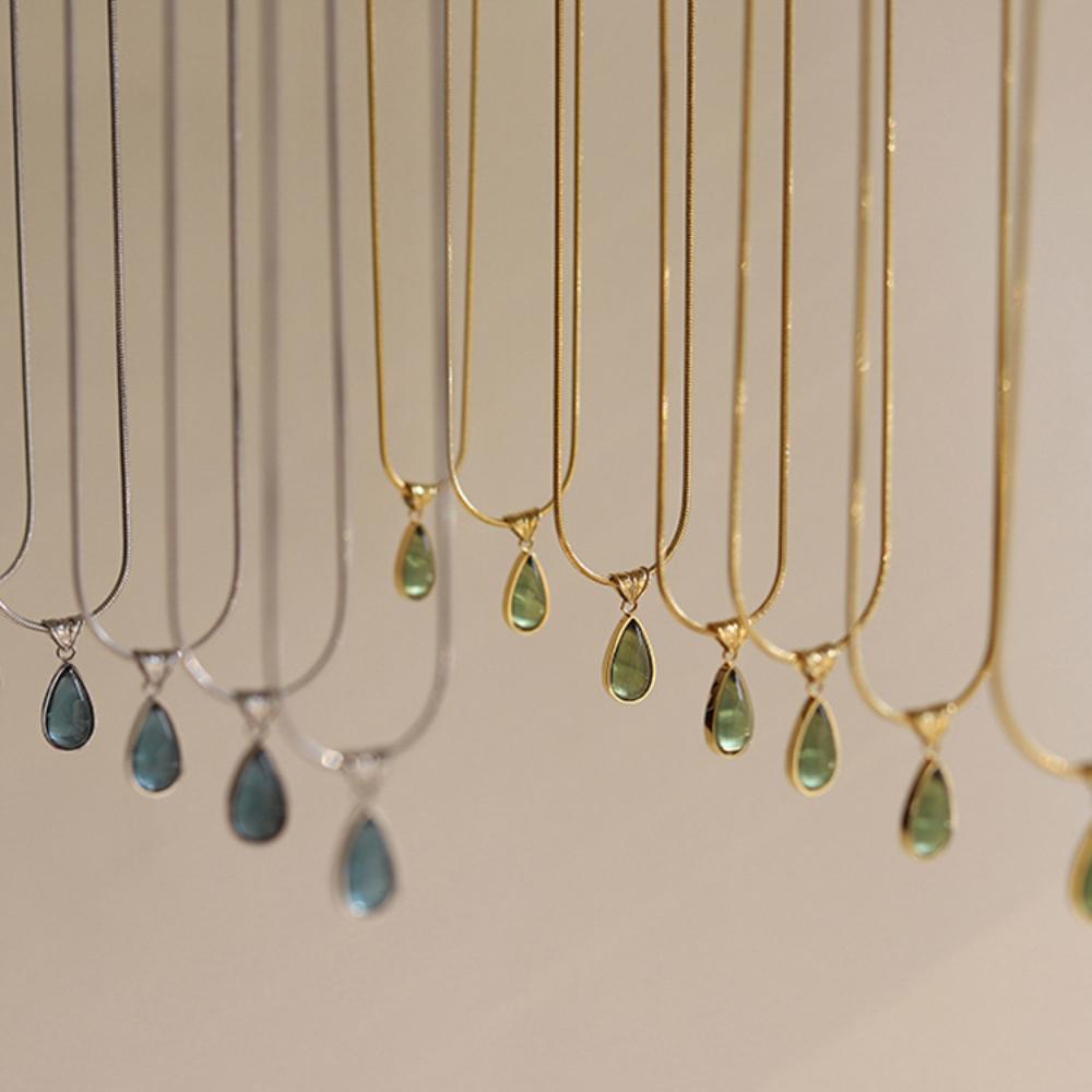 Olive-green Water Drop Neck Chain Colorfast Snake Bone Chain Necklace Drop Pendant Necklace Unisex