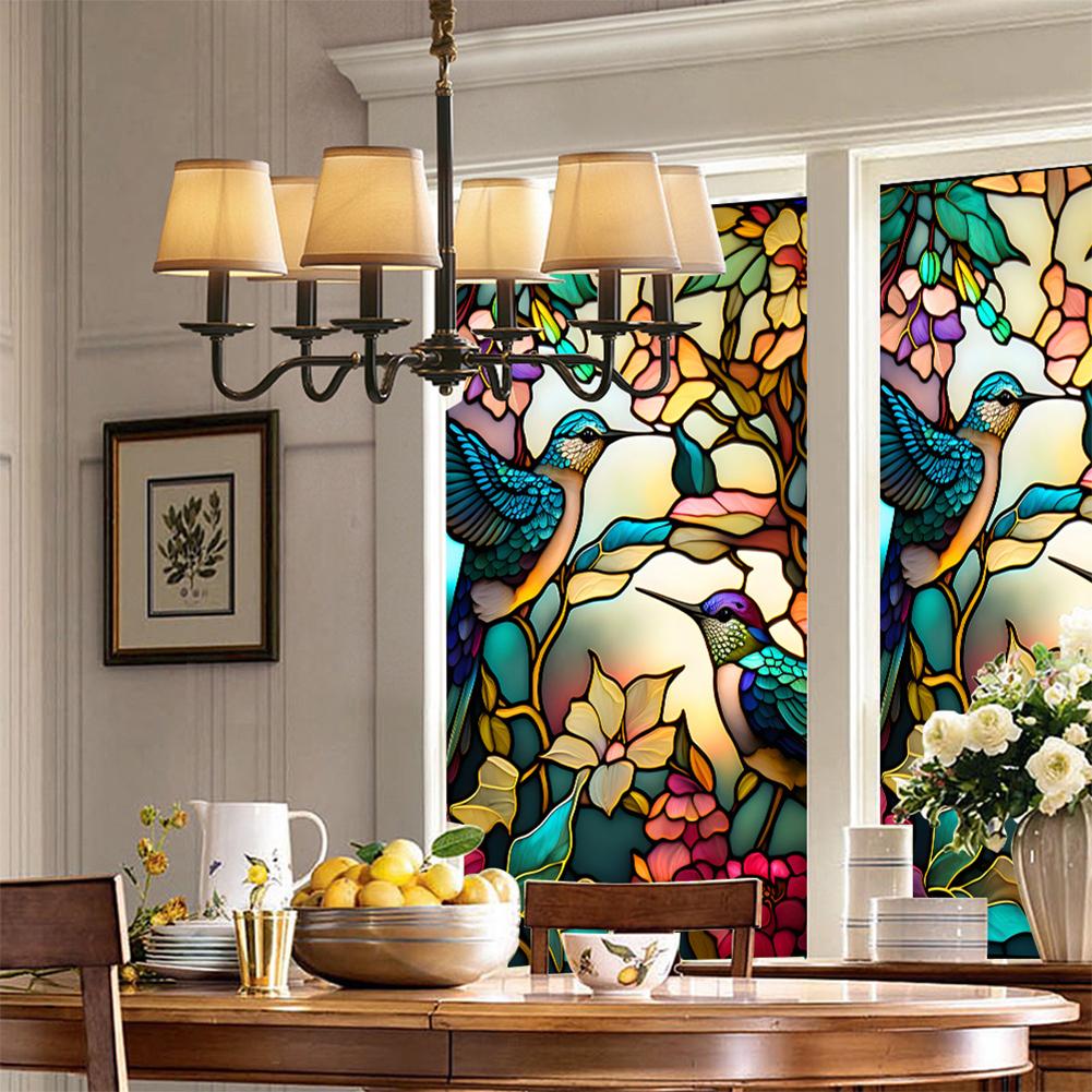 Retro Colorful Hummingbird Flower Stained Glass Window Film Non-adhesive Window Film Decorative Static Cling