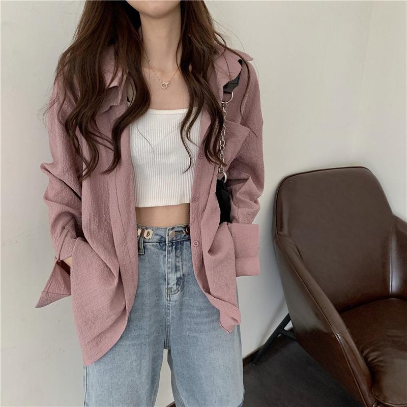 Весенне-осенняя однотонная рубашка, женская ниша, ретро, ​​гонконгский вкус, с длинными рукавами, женская рубашка большого размера