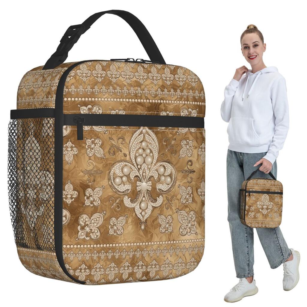 Fleur-de-lis Роскошная изолированная сумка-ланч с жемчугом и золотом для женщин, офисный охладитель, термоконтейнер для еды, сумка-тоут, контейнеры для ланч-боксов