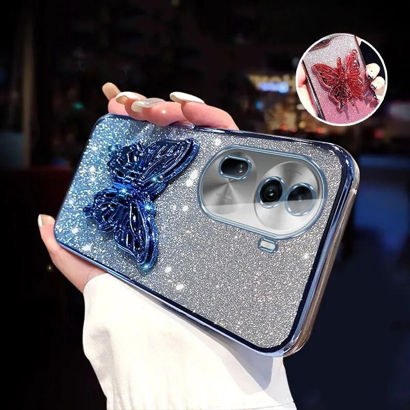 3D Butterfly Phone Holder Crystal Bracelet Glitter Plating Case for OPPO Reno 11 10 8 7 Pro 4G 5G Cover