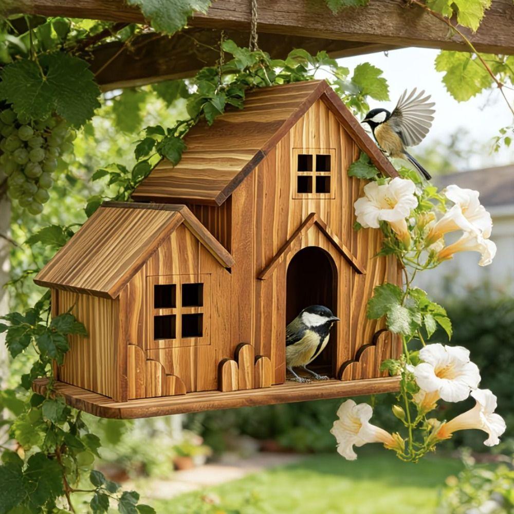 Creative Rainproof Wooden Bird House Ventilation Decorative Bird Villa Handmade Hatching Nest Outdoor Garden