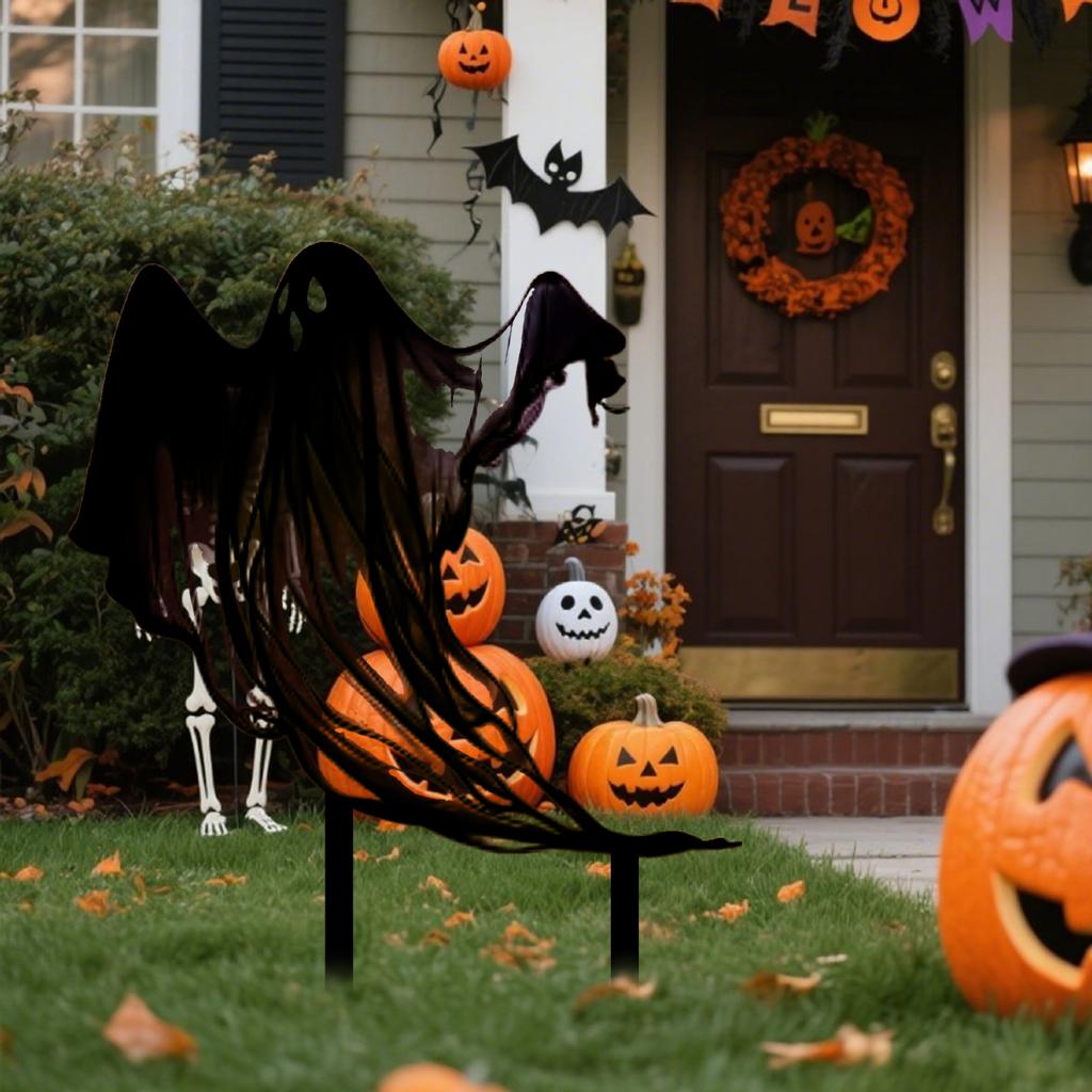 Halloween Plaque Ghostly Insert Patterned Metal Stake Waterproof Metal Holiday Welcome Garden Door Decoration