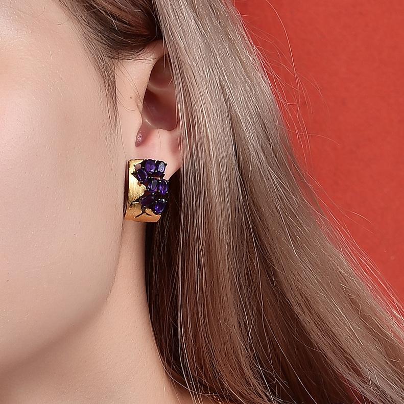 Italian Abstract Original Designer Jewelry Accessories 925 Silver Gold-plated Inlaid with Colored Gemstones Natural Amethyst Earrings
