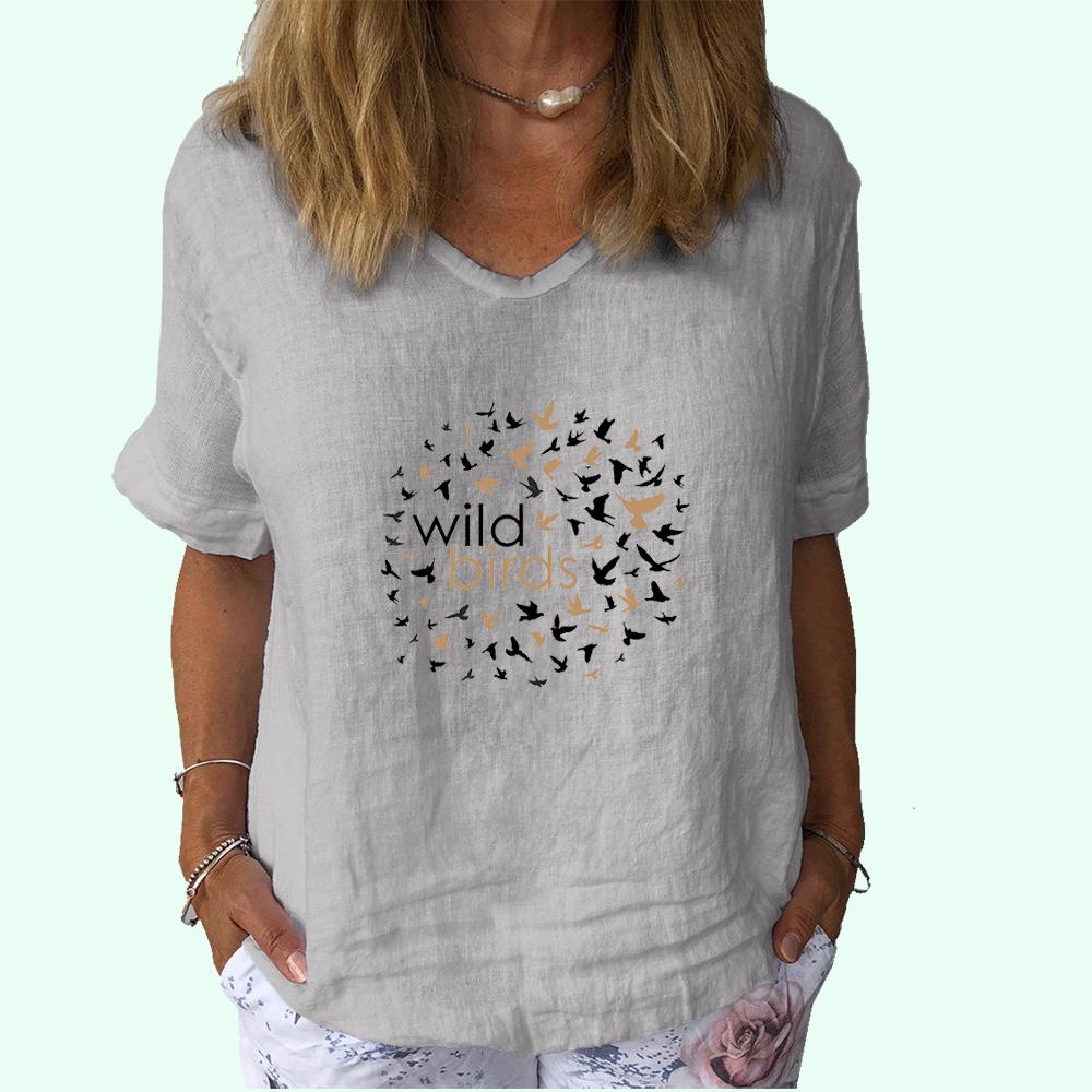 Женская модная футболка с V-образным вырезом и коротким рукавом, повседневная, из хлопка и льна, тонкий топ, женская футболка с принтом