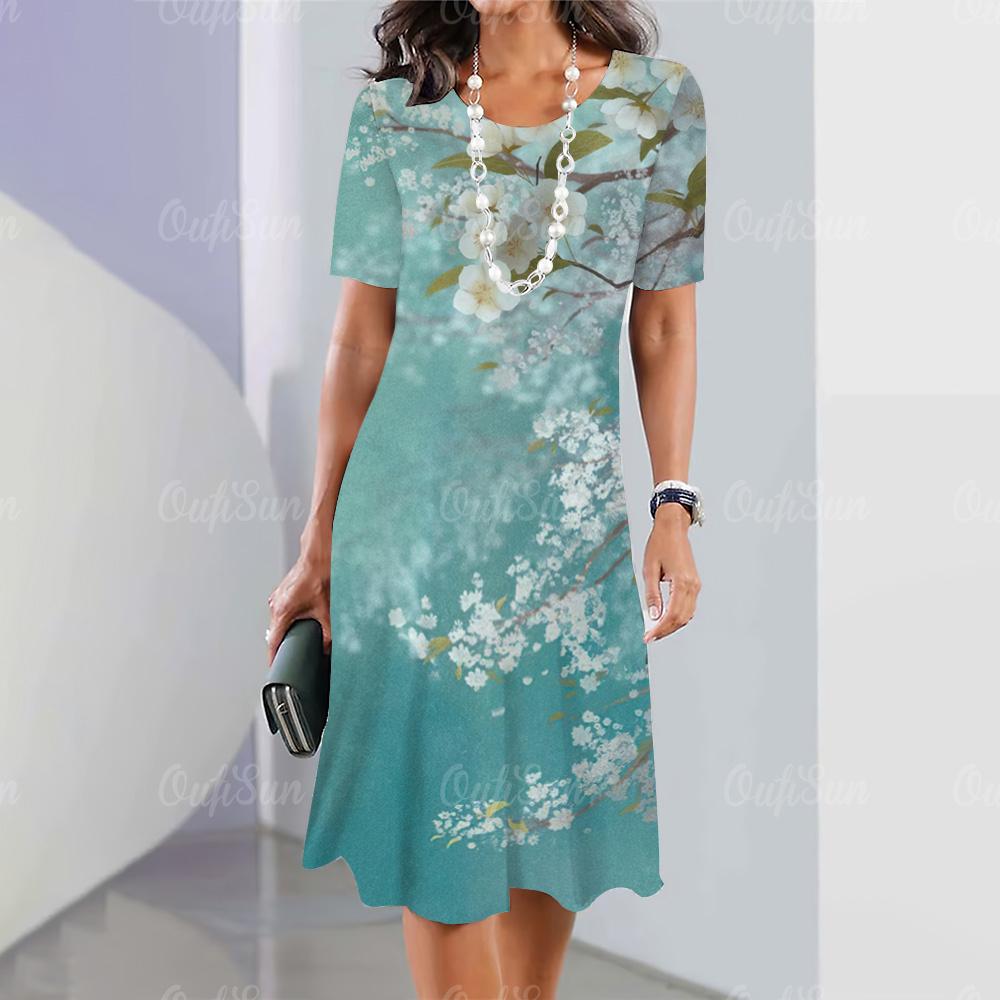 Beautiful Womens Dresses 3d Flowers Print Woman Clothing Casual A-Line Skirt Oversized O-Neck Tops Summer Elegant Women Dress