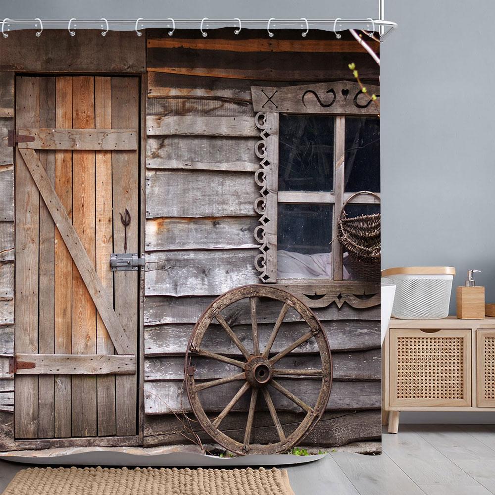 Ретро Деревенские Деревянные Двери Шторки для Душа Винтажный Фермерский Дом Амбар Старая Дверь Домашний Декор Водонепроницаемый Полиэстер Набор Занавесок для Ванной