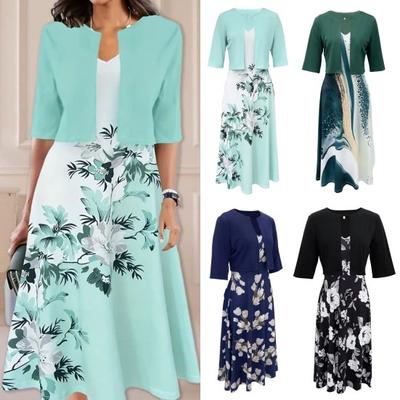 2 шт./компл. женское пальто-платье комплект с половиной рукавом сплошной цвет кардиган с цветочным принтом V-образным вырезом без рукавов платье трапециевидной формы формальный коммутирующий стиль женский комплект миди