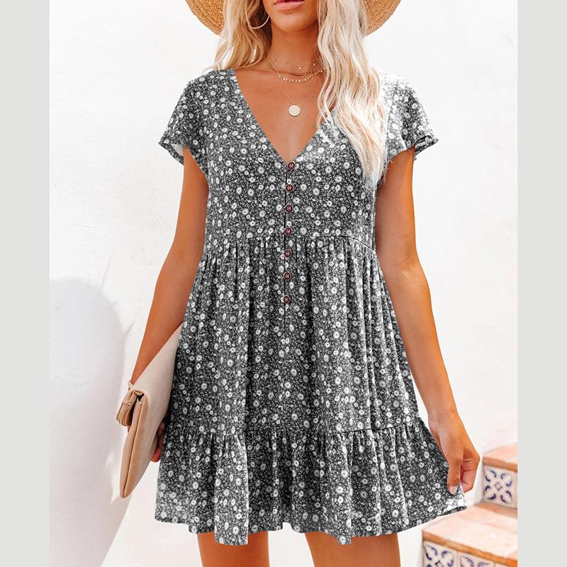 Женское летнее свободное праздничное цельное платье с коротким рукавом и V-образным вырезом с цветочным принтом