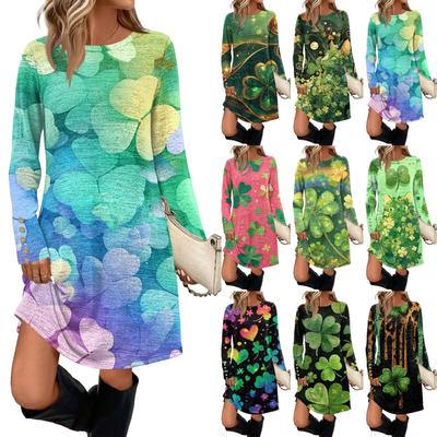 Женский модный с круглым вырезом длинный рукав St. Повседневное платье с принтом ко Дню Святого Патрика, с карманом и пуговицами