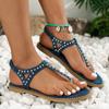 Плоские шлепанцы Бохо Бохо Декорированные стразами Пляжная повседневная летняя обувь для женщин Синие сандалии с круглым носком De Mujer