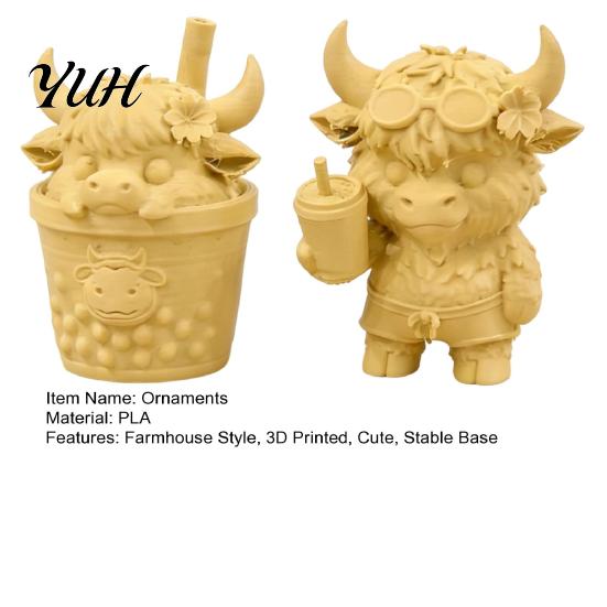 Healing Animal Statue Set 2Pcs Cute Highland Cow Figurine, 3D Printed Bubble Tea Statues, Creative Resin Like Model Summer Farmhouse Style Desktop