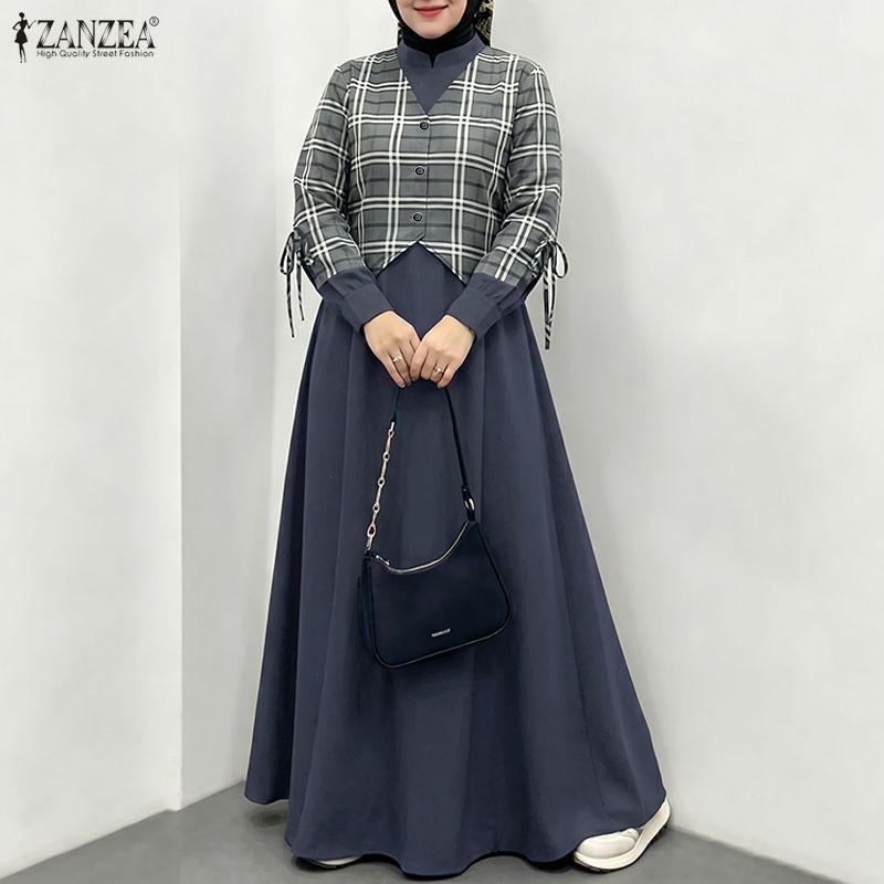 ZANZEA Women Muslim Casual Round Neck Long Sleeve Plaid Print Patchwork Loose Long Dress