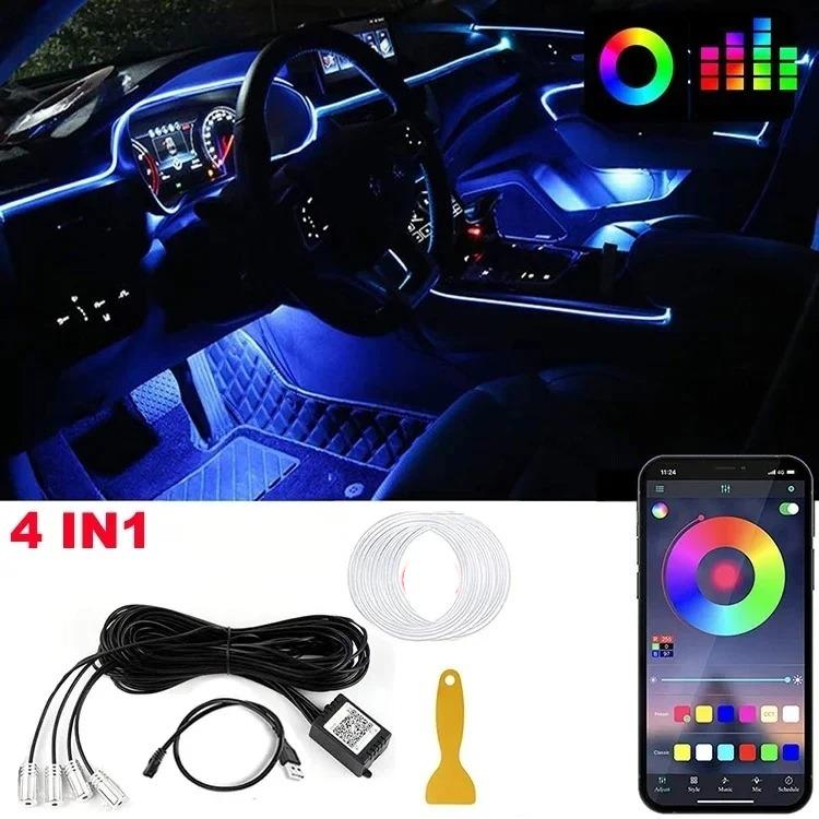 Светодиодные лампы для салона автомобиля, RGB оптоволоконная атмосфера, комплект неонового освещения с дистанционным управлением через приложение, автоматические декоративные лампы