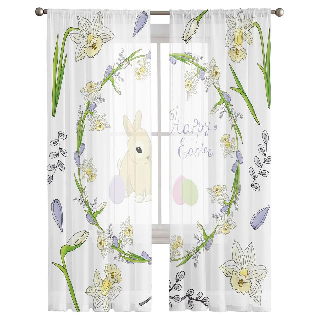 Wreath Willow Rabbit Egg Tulle Curtains for Living Room Kitchen Bedroom Sheer Tulle for Cafe Hotel Modern Home Decor