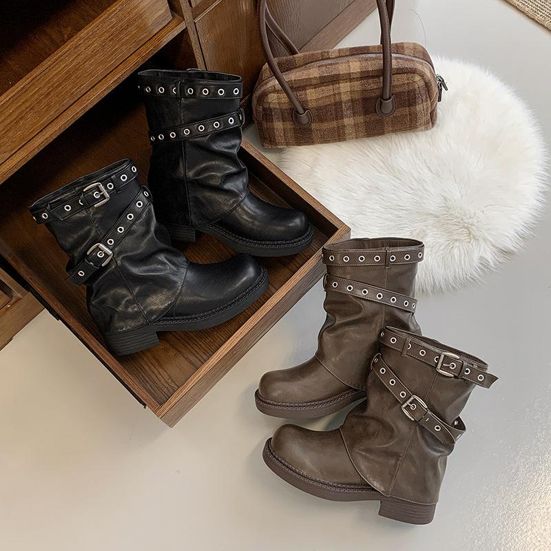 Retro style belt buckle rivet locomotive boots women's autumn new thick-soled heightened feet small brown short boots tide