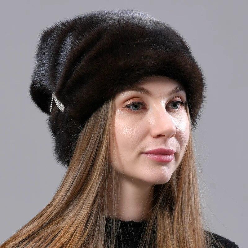 Зимние шапки для женщин из натурального меха норки, регулируемые рождественские роскошные теплые шапки