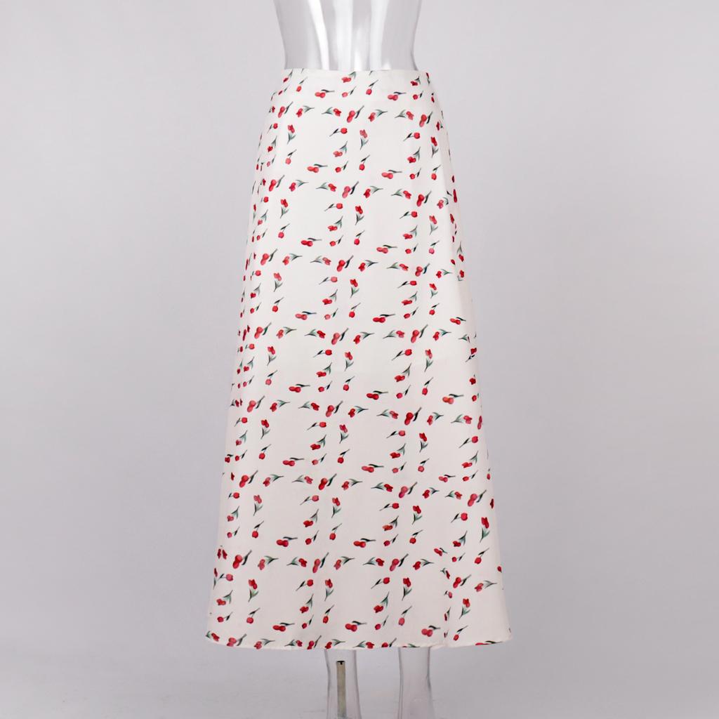 Женская юбка-полуторка с цветочным принтом, весенний темперамент, элегантная юбка-полуторка с высокой талией и принтом вишни