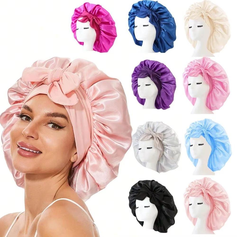 Solid Color Hair Care Cap Adjustable Strap Satin Sleep Bonnet Night Sleep Cap For Women