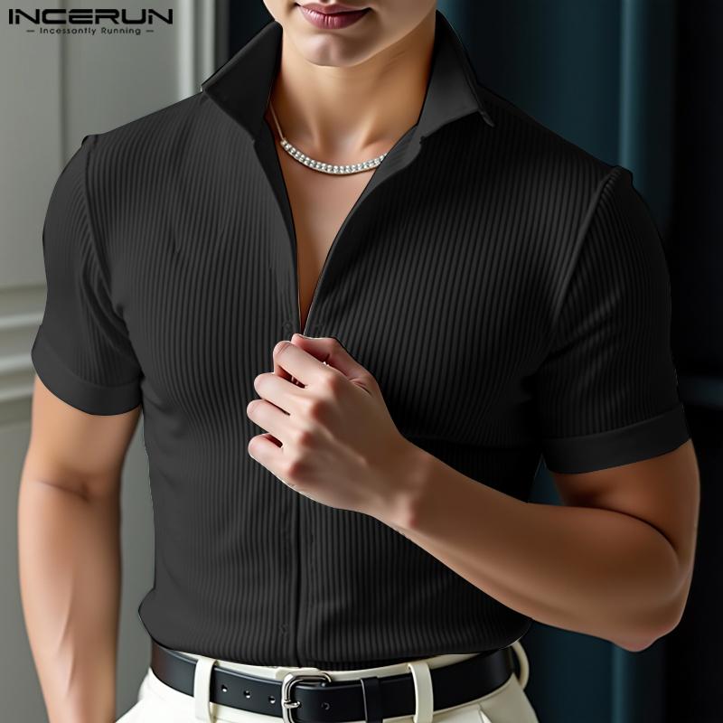 INCERUN Мужские футболки с лацканами, коротким рукавом, повседневные, приталенные, в рубчик