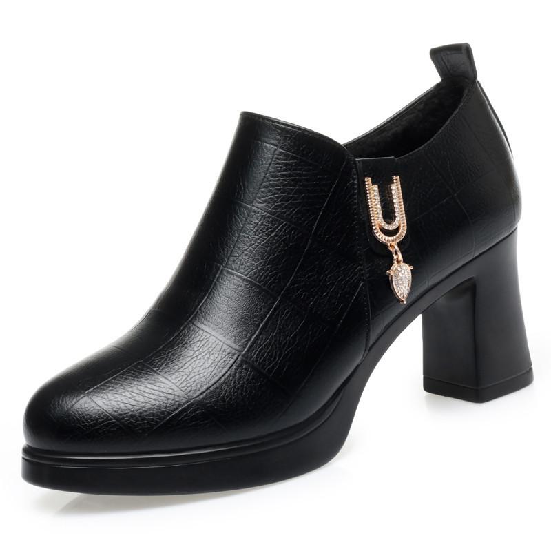 Модные черные туфли-лодочки на высоком каблуке с мехом 2024 женские осенне-зимние туфли на толстой платформе для офиса, для модели, для мамы