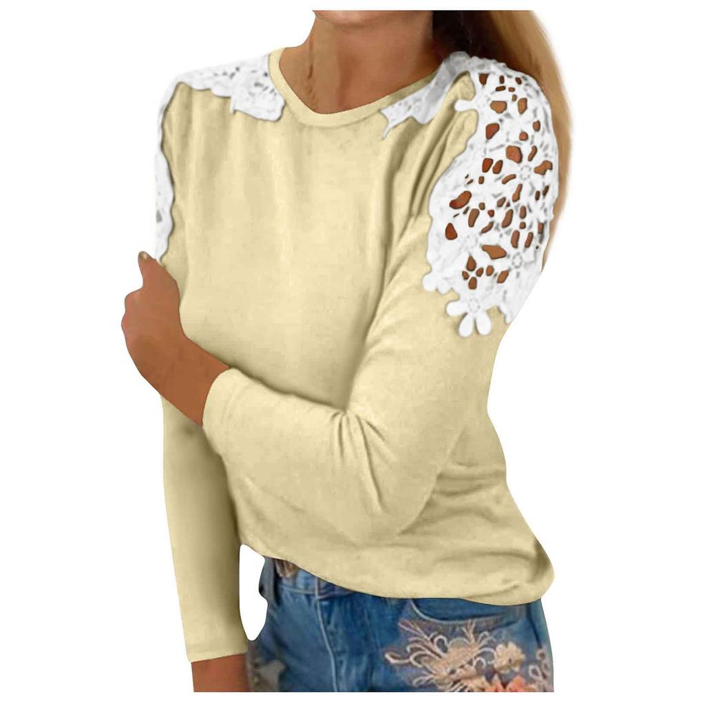 Женская модная однотонная лоскутная кружевная футболка с круглым вырезом и длинными рукавами, топ