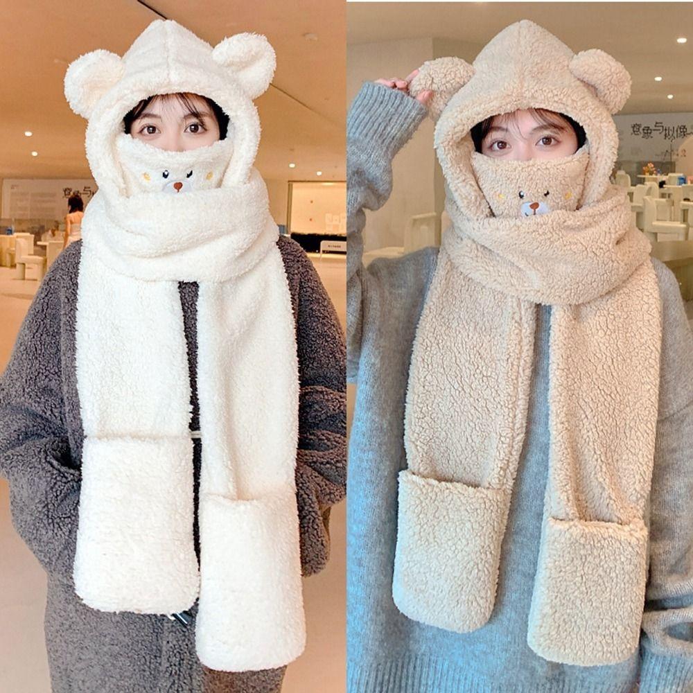 Hat With Earmuffs Cute Cap Korean Cap With Mask Scarf Women Plush Hat Winter Gloves Lamb Fleece Hat