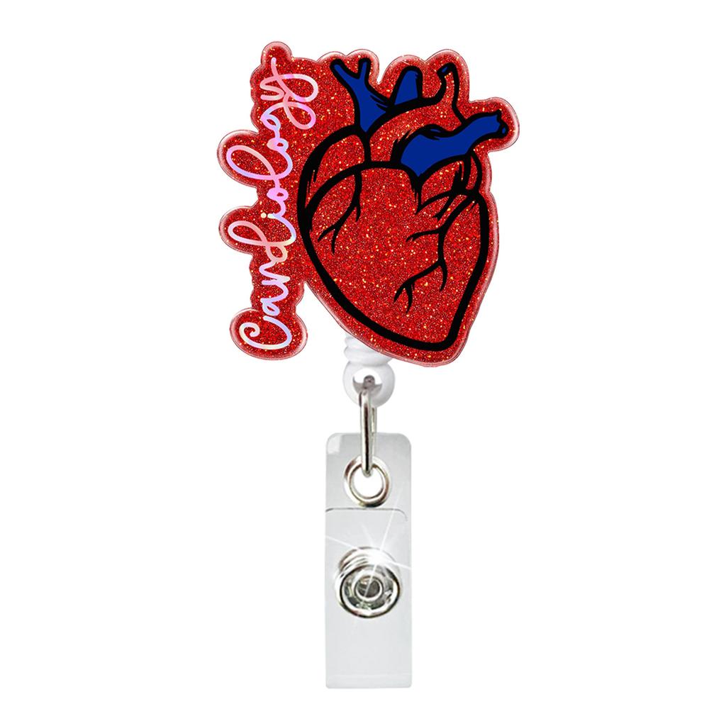 Medical Heart Lung Brain Acrylic Glitter Retractable Badge Reel Rotating Crocodile Clip ID Badge Holder for Doctor Nurse