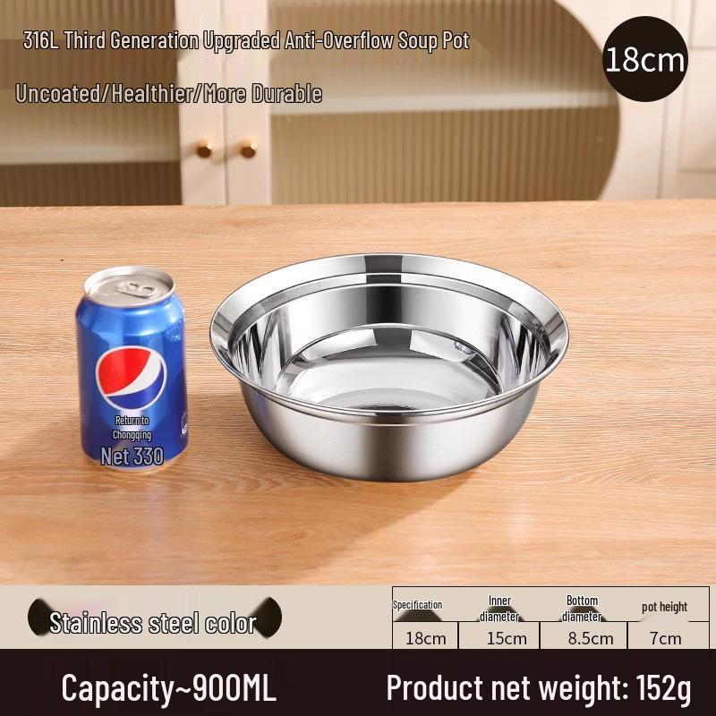 Food Grade 316 Stainless Steel Deep Round Bowl with Beveled Edge - Anti-overflow, Perfect for Soup and Rice