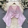 Women's Plus Size New V Neck Twist Horn Long Sleeve Short Chiffon Top