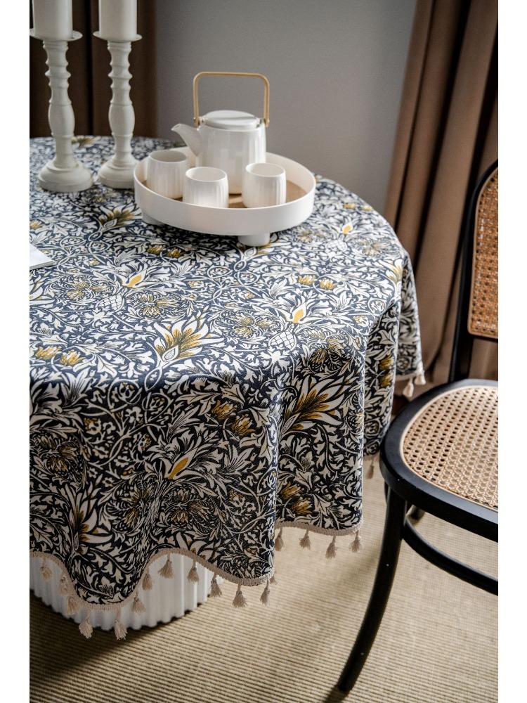 Decorative Tablecloth with Rice Base, Small Floral Print Round Green Fringe Cloth - Suitable for Holiday Dining Rooms, Living Rooms, Family Gatherings