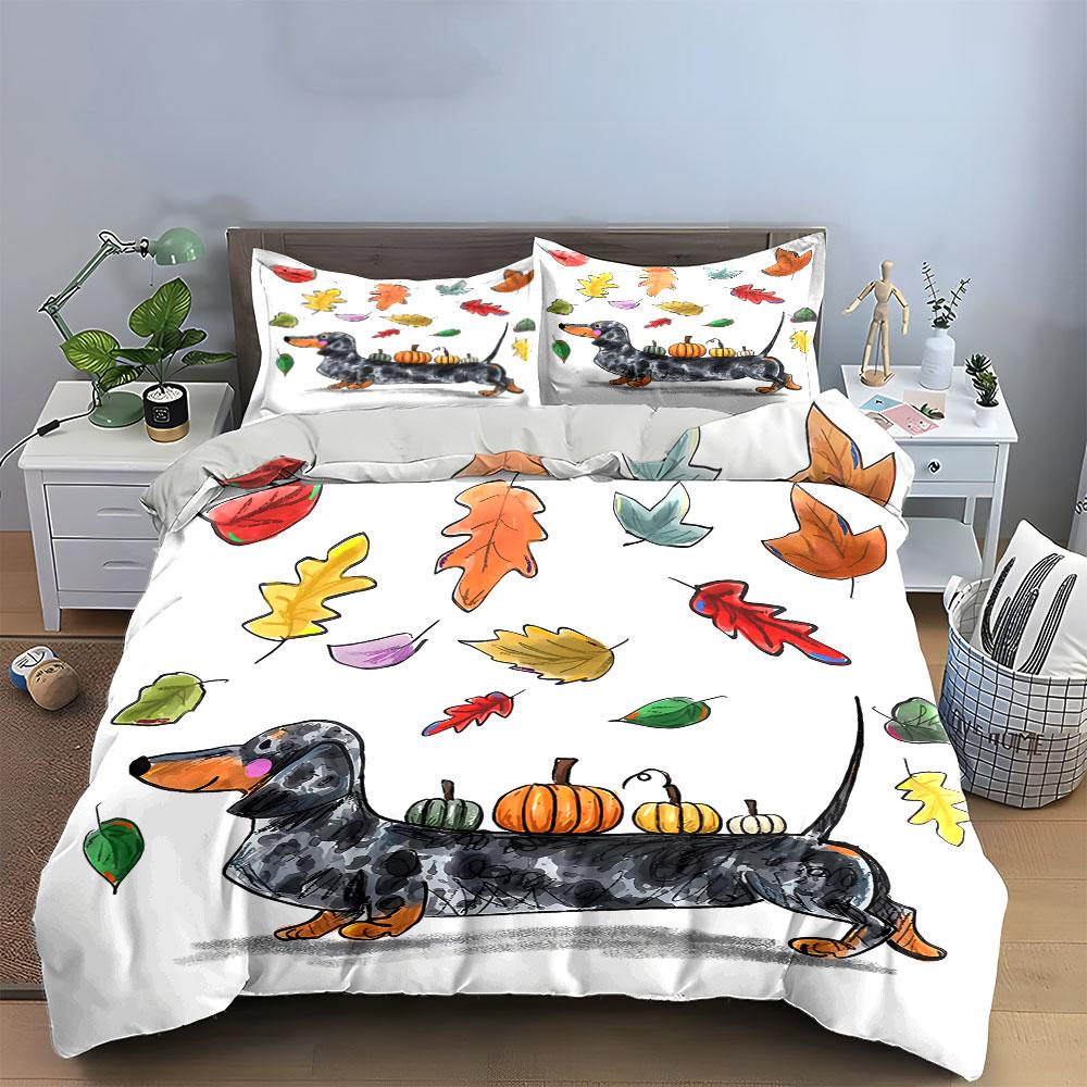Autumn Dachshund with Pumpkins Bedding Duvet Cover Set Duvet Cover Pillowcases (1*Duvet Cover 2*Pillowcases, without duvet insert)