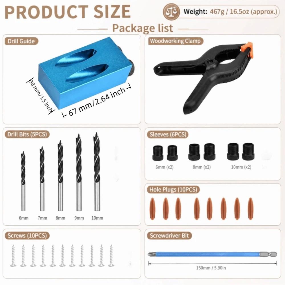 34pcs 15° Drilling Angle Pocket Hole Jig Kit Inclined Hole Fixture Dowel Joinery Kit For Carpenters