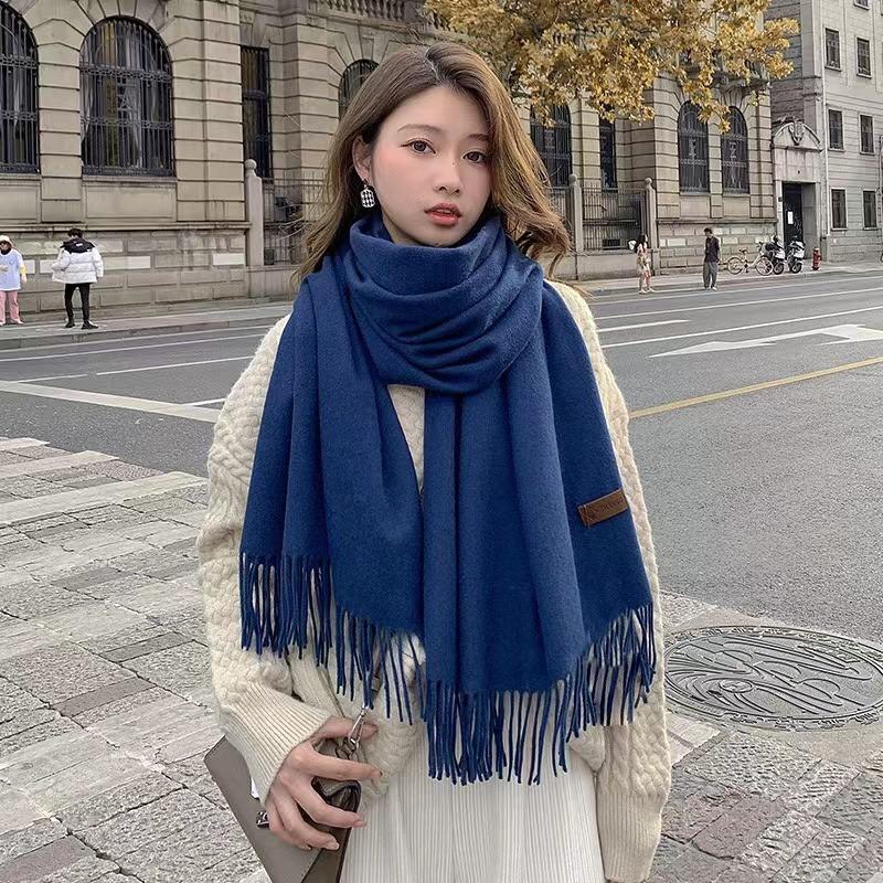 Winter Scarf Women Luxury Autumn Winter Cashmere Scarf Thickened Warm Shawl Classic Tassels Fluffy Scarf Solid Color Soft Shawl