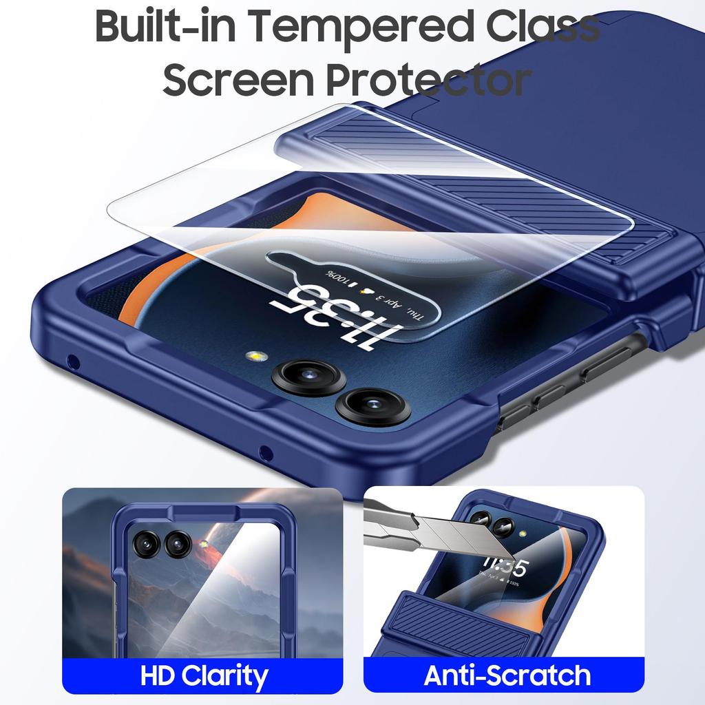 Для Motorola Razr 50/60 с держателем для карт [RFID-блокировка] и защитой шарнира и HD-защитой экрана, Прочный противоударный чехол для телефона - Синий