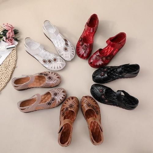 Сандалии женские кожаные туфли для мам с подошвой из говяжьих сухожилий, весенне-летний стиль, с цветочным узором, с липучкой, противоскользящие, мягкие, удобные