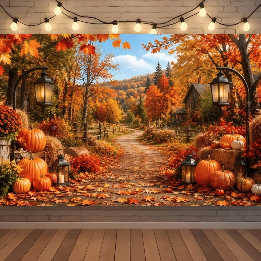 Autumn backdrop with pumpkins, maple leaves, farm animals, for Thanksgiving photos, children's birthdays, etc.1028