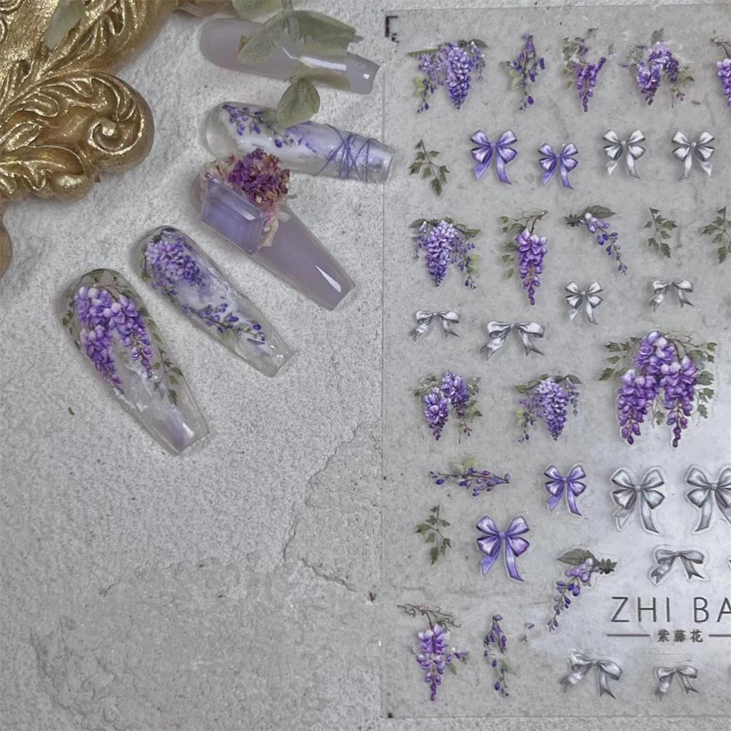 1pcs 5D Exquisite Purple Wisteria Flower Nail Art Stickers Flower Bow Nail Decoration Slider Decal Adhesive Transfer Part