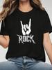 Большой размер - Большой размер - Женская футболка с графическим принтом ROCK, Большого размера, С коротким рукавом, С круглым вырезом, Повседневная футболка для лета и весны, Женская одежда