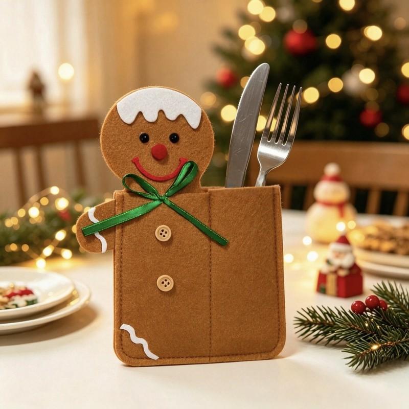 Christmas Cutlery Sleeves Set - Felt Santa Elk Snowman Penguin Elf Bear Gingerbread Cartoon Table Decor Holiday Party
