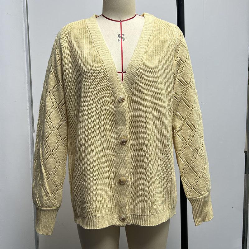 Осенний женский трикотаж, однотонный трикотаж с ромбами и объемными рукавами, свободный однобортный кардиган, свитер