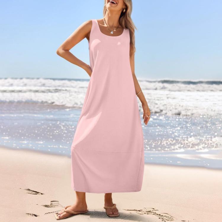 Summer Women's Casual Loose Sleeveless Round Neck Sundress Long Beach Dress