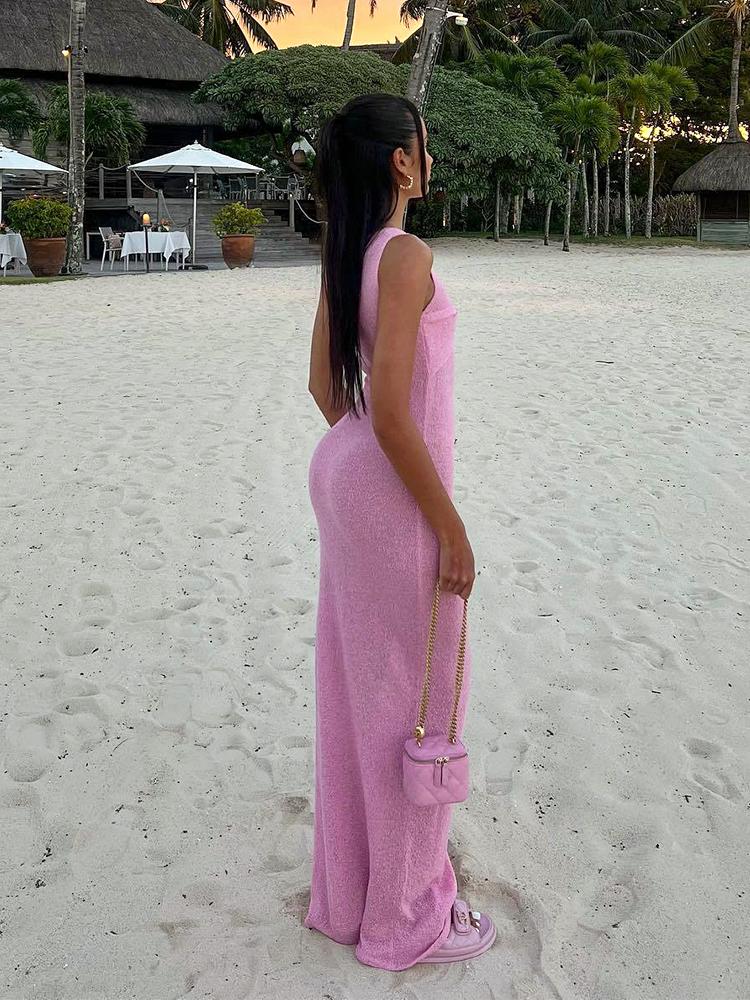 EDOLYNSA Sexy Elegant Solid Color Knit Sleeveless See Through Long Dress 2024 Women's Summer Seaside Beachwear Swimwear Cover Up A2857