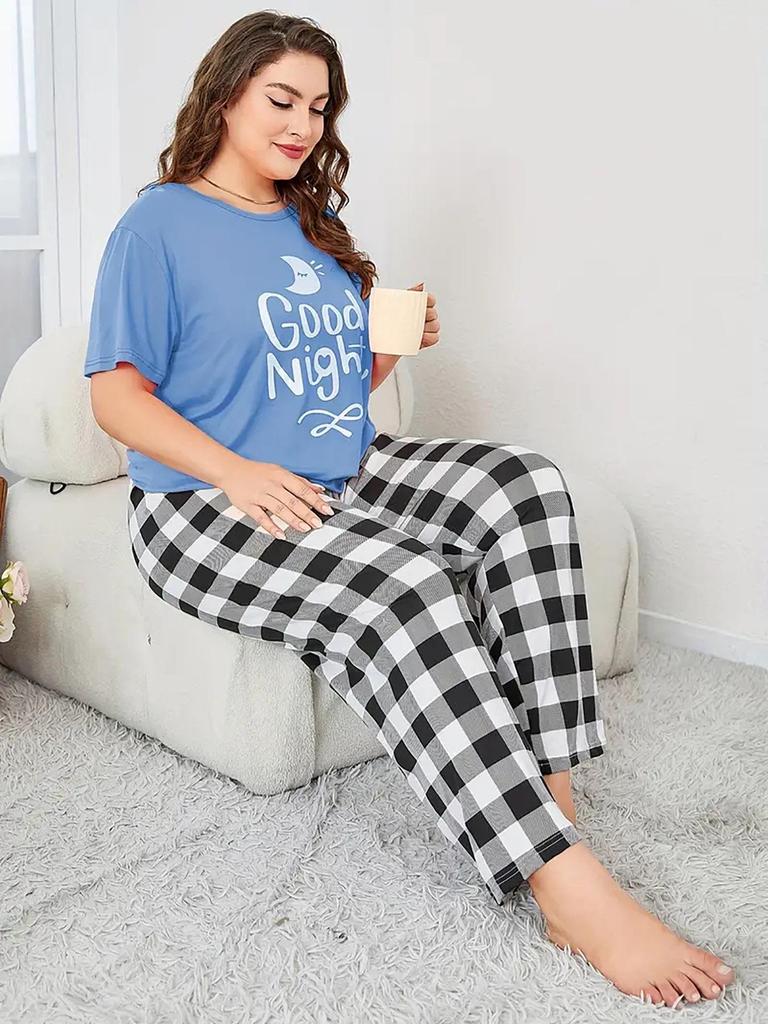 Комплект женской пижамы больших размеров 2024 - Полосатые клетчатые брюки и топ с водяным знаком