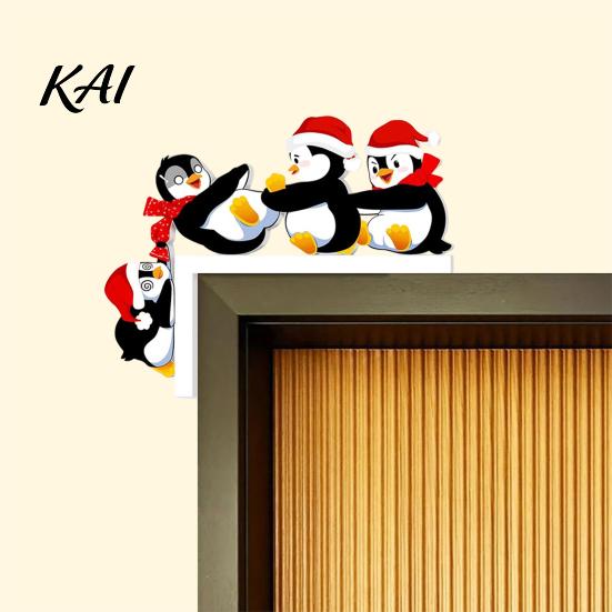 Christmas Party Supplies Door Topper Decoration, Wooden Holiday Frame Corner Sign, Cute Funny Winter Seasonal Accents Snowman Santa Claus Penguin