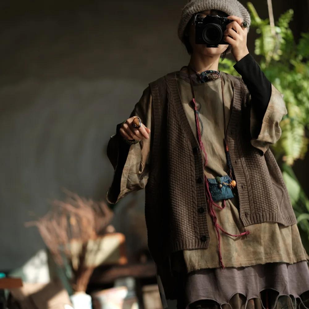 Johnature Женские вязаные однотонные пуговицовые весенние безрукавки кофейного цвета мягкие винтажные свитера пальто