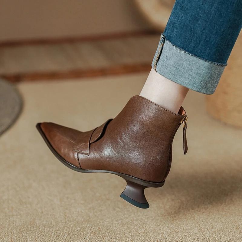 Мода Большой размер 42 Осень Женские ботинки Острый носок Каблук-рюмочка Ботильоны Кожаная обувь Женские Элегантные Низкий каблук До щиколотки Зимние Zapatos De Mujer